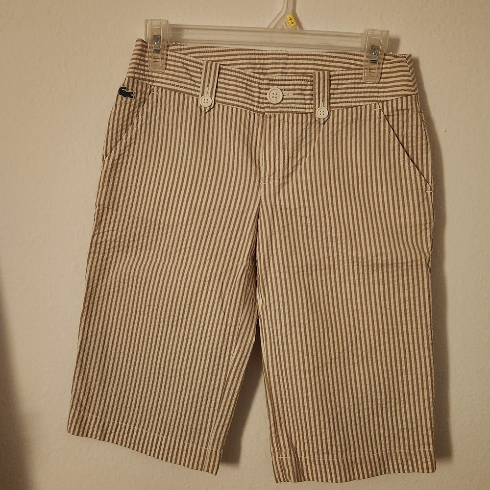 Lacoste Womens Striped Shorts in Tan and White